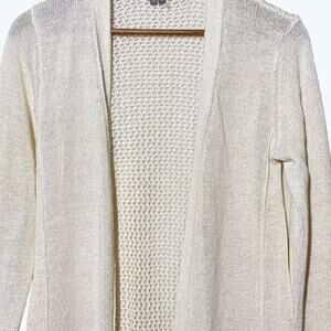 360 Sweater Cardigan Womens M Ivory Linen Blend Open Knit Longline Pockets